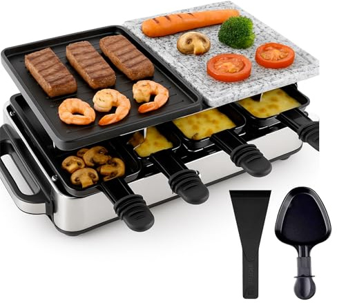 Raclette-set för 8 x personer – grillplatta och stenplatta non-stick belagd – bordsgrill inkl. pannor och skrapa