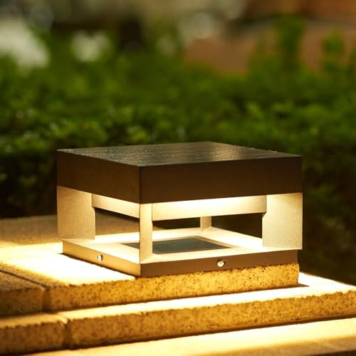 Topmo-plus 3W LED Lámpara de Columna de Tapa solar Cuadrada negro foco jardin exterior solar farolillos iluminacion Poste de valla 3W 20cm Acero inoxidable blanco cálido Hueco