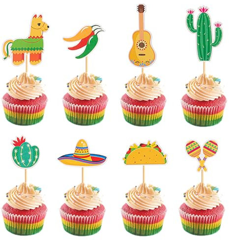 Silars Decoration Gateau Mexicain, 24pcs Garnitures de Cupcake Cactus Cupcake Topper Anniversaire, pour Décoration de Table de Fête d'anniversaire sur le Thème des Mexicaine