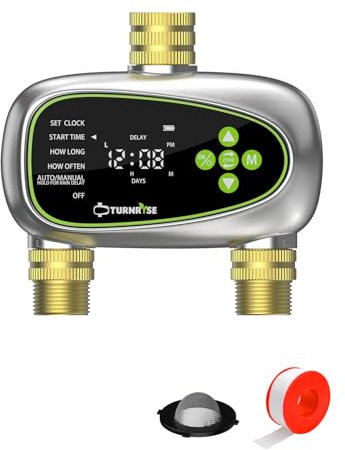 TURNRISE Centralina di Irrigazione 2 Vie Timer Irrigazione con Ingresso e Uscita in Ottone Ritardo della Pioggia e Irrigazione Automatica Manuale con Programmi per Prati e Giardini