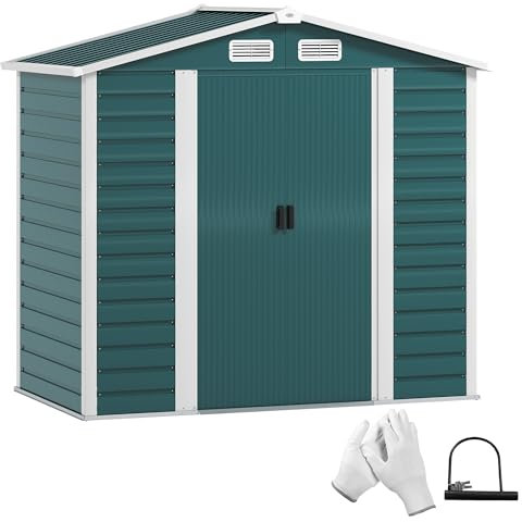 Outsunny 7 x 4ft Garden Shed, Easy to Assemble, Upgraded Galvanised Steel Frame with Foundation Kit, Double Doors with Lock, Outdoor Metal Shed with Vents and Gloves, Garden Storage Shed, Green