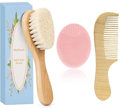 MolYuan Juego de 3 cepillos y peines de pelo de bebé, cerdas de cabra y cepillo de pelo de silicona para tapa de cuna (Rosa Brosse en silicona)