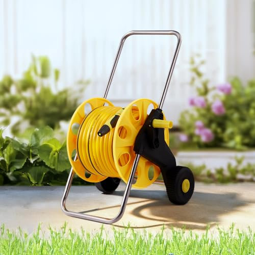 DKIEI Garden Hose Reel Cart with 50M Hosepipe & Adjustable Spray Nozzle, Portable Hose Pipe Reel with 2 Wheels, Retractable Freestanding Hose Holder for Outdoor Patio Cleaning & Lawn Watering