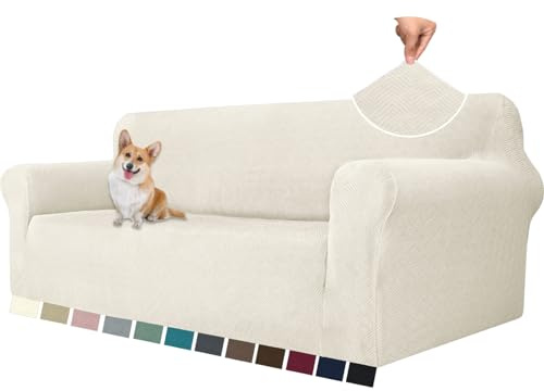 YSTELLAA Housse De Canapé 3 Places Extensible,Universelle, Blanc Crème | Housse Canapé avec Accoudoirs, Sofa Cover Antidérapante Et Lavable, Super Extensible, Résistante Aux Griffure