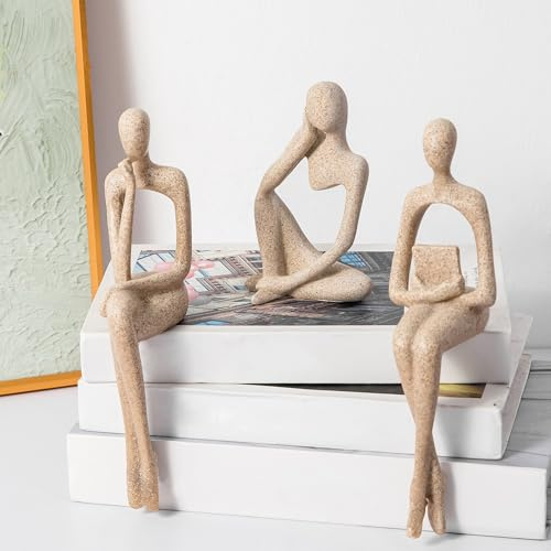Prettidecor Gold Home Decor Thinker Statue Accents, Set of 3 Thinker Sculptures Office Decor Modern Abstract Resin Decoration on Shelf Table Desk for Living Room Office Bedroom (Large Sandstone)