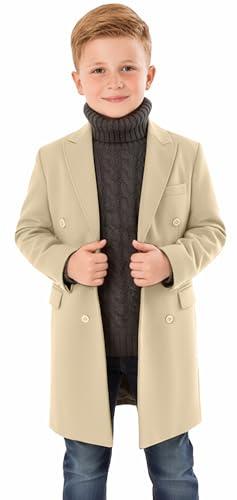 Szzmmer Boys Casual Trench Dress Coat Kids Winter Notch Lapel Beige Jacket Double Breasted Pea Coat with Pockets School Size 8