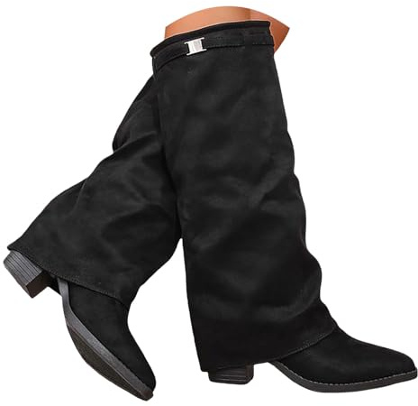 Slouchy Boots Damen Schwarz Westernstiefel Damen Beige Fold Over Stiefel Slouch Block Heels Kniestiefel Spitzer Zehenbereich Langschaft Knee High Winter Wärme Leder Mode Komfort Cowboy Stiefel
