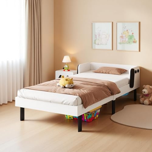 PerGar Lit Enfants 90 x 200 cm, lit Simple avec sommier à Lattes et Protection Anti-Chute, Cadre de lit avec tête de lit, en Bois de pin, pour bébé garçon et Fille, Adolescents, Blanc