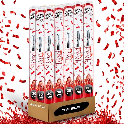 Cañón Confeti Boda, Cañón para fiestas y eventos, Fáciles y Seguros de Usar, Apto para bodas, eventos, celebraciones, Uso interior y Exterior, Diseño Metalizado Rojo, 30 cm, Pack de 12 unidades