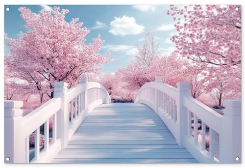 MuchoWow© Decoración Pared Exterior 120x80 cm Poster Decorativos Jardín Decoracion Terraza Balcon Wall Decoration Patio Posters Póster De Jardin Puente - Cerezos - Blanco