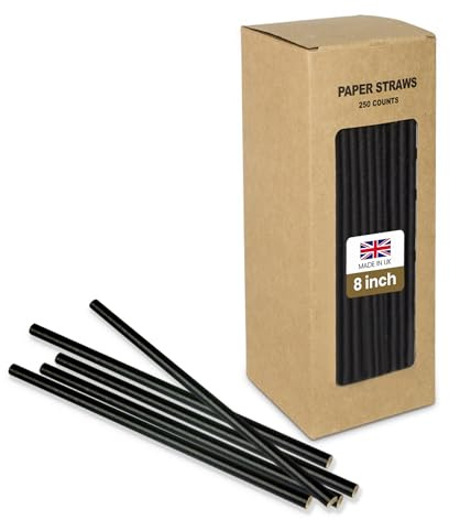BLACK Paper 100% Biodegradable/Compostable/Eco-friendly Drinking Straws (20cm / 8inch) by wecansourceitltd® - BAN The PLASTIC STRAW!! (250)