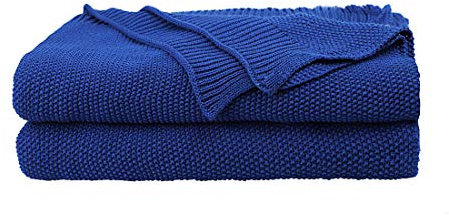 PiccoCasa 100% Cotton Knit Throw Blanket,Solid Lightweight Decorative Throws and Blankets,Soft Knitted Throw Blanket for Sofa Couch, Royal Blue 50 x 60