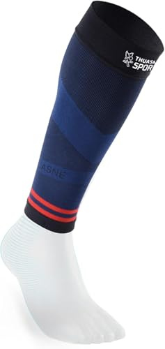 Thuasne - Manchons de Compression Running Trail UP ACTIV - Maintien du Mollet - Protection et Proprioception - Fabriqués en France - Normal, moins d'1,75 m(Noir/Bleu foncé/Rouge)