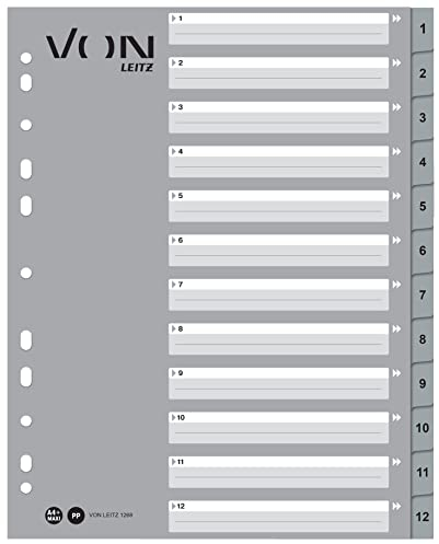 VON Leitz 10er Pack Zahlen-Register A4, 1-12 nummerierte Trennblätter für Ordner, PP, Extra breit, 11-Loch-Universalregister für Schnellhefter & Ringbücher, Grau, 12680085