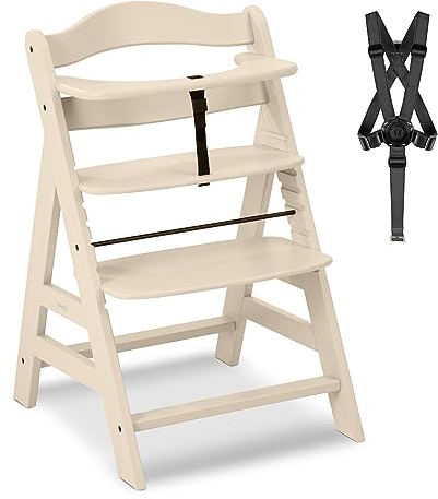 hauck Alpha+, Vanilla - Mitwachsender Holzhochstuhl aus Buche für Kinder ab 6 Monaten bis 90 kg - Inklusive 5 Punkt Gurt, Schrittgurt, Schutzbügel - Kompatibel mit viel Zubehör