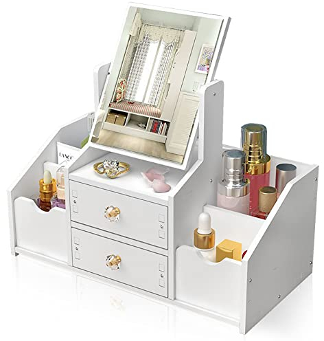 LEcylankEr Organizer Trucchi con Cassetti, Porta Trucchi Organizer da Bagno Bianco, Portatrucchi Organizzatore Trucchi con Specchiera per Toletta/Camera da Letto/Bagno (Specchio quadrato)