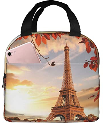 XVBCDFG Bolsa de almuerzo con diseño de torre de París y hojas rojas para oficina al aire libre, papel de aluminio portátil, aislamiento grueso y bolsa Bento