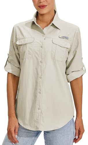 WILLIT Camisa para mujer, blusa de senderismo UPF 50+ UV, camiseta de manga larga, camiseta funcional Safari Angel SPF de secado rápido, camisas de senderismo y exteriores, caqui, S