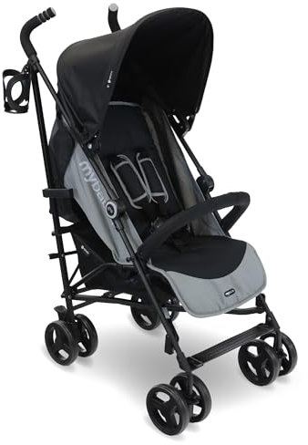 My Babiie MB02 Plus Stroller - from Birth to 4 Years (22kg), Lightweight & Compact Umbrella Fold, Travel Buggy for Toddlers, Pushchair Includes Cup Holder and Rain Cover - Black & Grey