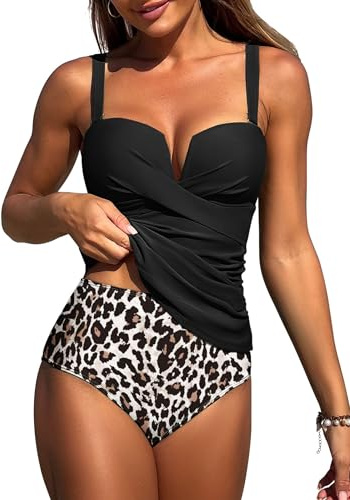 ZAFUL Women's Two Piece Tankini Swimsuits Tummy Control Crisscross Bathing Suits V-Wire Swim Tank Tops with High Waisted Briefs Black S