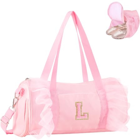 Personalized Initial Dance Bag for Girls 4-6, Small Lace Gym Sport Yoga Cheer Dance Bags Gift for Teen Girls, Cute Letter Kids Ballet Bag Toddler Travel Duffel Tote with Adjustable Straps(Pink-L)