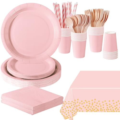 PYAILI 169 Piezas Rosa Morandi Vajilla Fiesta Cumpleaños, Platos y Vaso Cumpleaños Infantil, Set de Party Decoración Platos Servilletas para Navidad, Barbacoas, Fiestas -24 Invitado