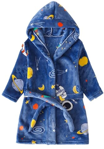 Gant de toilette à manches longues pour enfants avec capuche et poches - Pyjama chaud - Peignoir de bain pour jeunes garçons, bleu, 5-6 ans