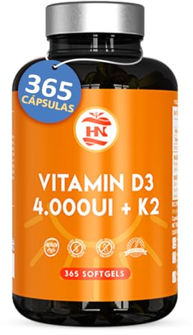 Vitamina D - 365 Cápsulas de vitamina D3 K2 – Vitamina D (4000 UI) altamente concentrada. Favorece la función inmunológica y ósea - 365 cápsulas
