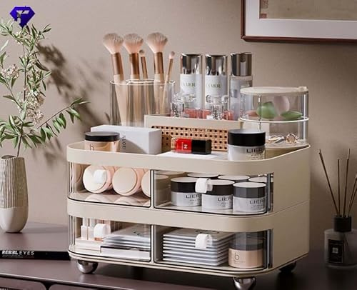 Large Rotating Makeup Organizer with Drawers, 3 Tier Skincare Storage Tower for Vanity, Bathroom Countertop Cosmetic Display Case with Brush Holder & Handle