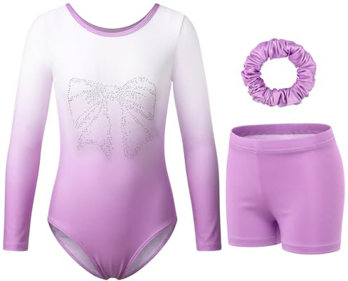 Aolso Gymnastik trikåer för flickor, långärmad tredelad gymnastikset med shorts och hårband, tonad färgdesign balettenhet