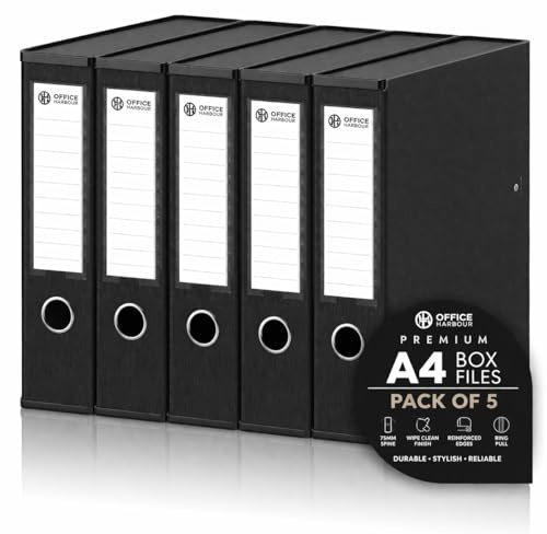 A4 Box Files Pack of 5 – Premium 75mm Document Storage Boxes, Matt Black Textured Finish, Reinforced Edges, Wipe Clean Durable Cardboard Filing Folders with Ring Pull