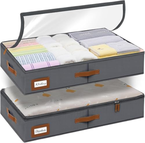 Generico Scatole Portaoggetti Sottoletto in Tessuto Oxford 600D, Grigio, Set 2 Pezzi, con Coperchio Trasparente, Zip e Maniglie, 84x43x15 cm