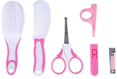 Walmeck Kit de Cuidado de Uñas para Bebés, 6 uds., con Tijeras Seguridad, Cortaúñas, Cepillo, Peine, Cubierta para el Cuidado Bebés y Niños Pequeños (Rosada)
