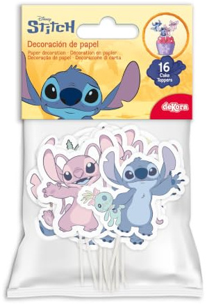 dekora, Set för Kakortdekoration Stitch & Angel, Papperskakan Toppare för Cupcakes och Tårtor, Barnfestdekorationer för Disney Original Temafester, Förpackning med 16 Stycken, 10,5 x 7 cm