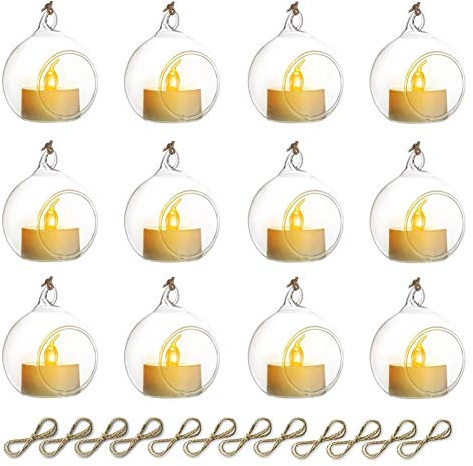 Sziqiqi Hanging Glass Tealight Holders: 6cm Glass Baubles Set of 12 for Tea Light - Hanging Candle Holders with LED Terrarium Versatile for Outdoor Wedding Party Home Christmas Centrepiece Tree Garden