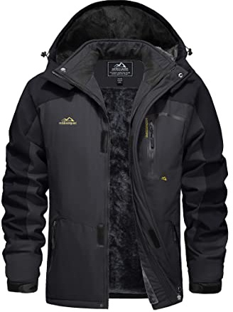 EKLENTSON Men's Winter Coats Outdoor Fleece Hooded Jacket Waterproof Work Ski Hiking Cycling Jacket Multiple Pocket Black Grey,M