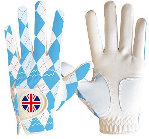 FINGER TEN Gants de golf pour homme main gauche et droite avec marqueur de balle, en cuir cabretta, résistant aux intempéries de pluie, gants de golf pour homme résistants à l'usure (carreaux bleus,