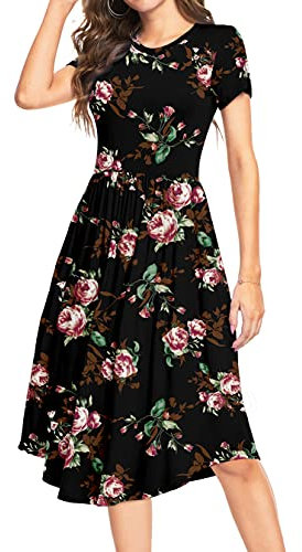 YUNDAI Women Summer Midi Dress Short Sleeve Ladies Dress Crew Neck Floral Plain Beach Party Dresses with Pocket