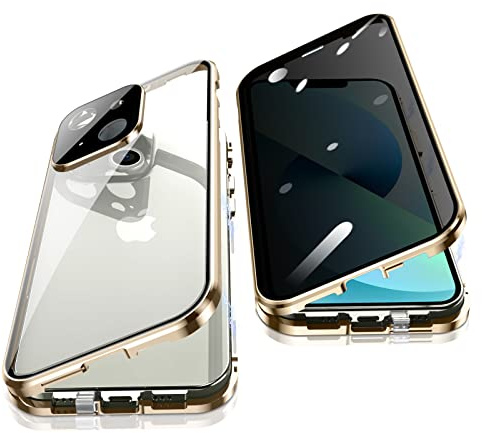 Jonwelsy Anti Peeping Hülle für iPhone 13 (6,1), 360 Grad Schutz Case, Privatsphäre Gehärtetes Glas Anti-Spähen Cover, Stark Magnetische Adsorption Metallrahmen Handyhülle für iPhone 13 (Gold)