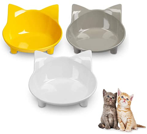 Cat Bowls, Anti-slip Multi-purpose Pet Feeding Bowl, Cat Food Bowl with Non Slip Rubber for Relief of Whisker Fatigue, Set of 3 - Grey, white and yellow