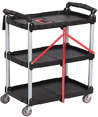 mosegor 3 Etagen klappbar Rollwagen mit ergonomischem Griff Allzweck-Dienstwagen 651x392x832mm Tragkraft 90 kg Servierwagen mit Rollen für Büro, Lager und Reparaturwerkstatt, schwarz