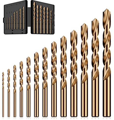 MACXCOIP Cobalt Drill Bit Set, 13Pcs M35 High Speed Steel Jobber Length Drill Bit Kit for Hardened Metal, Stainless Steel, Cast Iron, Wood and Plastic, with Index Storage Case, 1/16-1/4