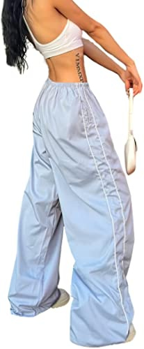 XPONNI Track Pants Women Baggy Y2k Parachute Pants for Women Y2K Clothing (LightBlue, M, Medium)