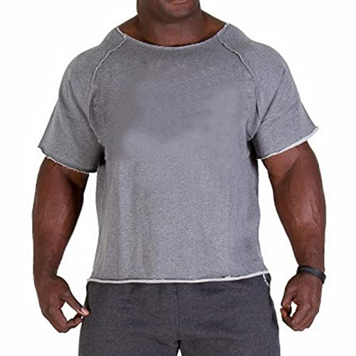 OPAGEE Men'S T-Shirts Men Cotton Casual T Shirts Fitness Men Bodybuilding Shirt Batwing Sleeve Rag Shirt Gym Wear Running T-Shirt Round Neck-Gray,L
