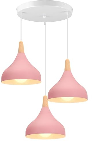 iDEGU Hänglampa med 3 lampor retro E27 hängande lampa modern droppformad lampskärm pendellampa av metall trä vintage lampa för vardagsrum kök sovrum matsal (rondell, rosa)