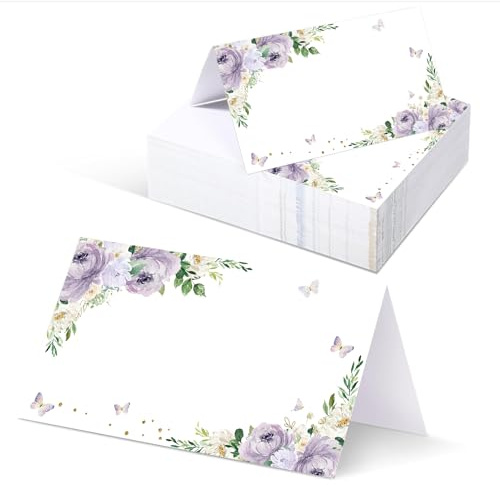 Whaline 100Pcs Floral Butterfly Place Cards 2 x 3.5 Inch Watercolor Purple Flower Tented Blank Cards Table Name Sign for Party Banquet Reception Table Setting Supplies