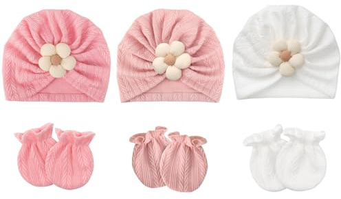 DRESHOW Newborn Baby Hats Mittens Set Hospital Hat Beanie Infant Flower Hats Baby Cotton Gloves No Scratch Mittens for 0-6 Months