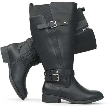 Chicblooms Damen Reitstiefel mit extra breitem Schaft, niedrigem Absatz, Knöchelriemen, schlankes Design, kniehohe Stiefel, Schwarz Synthetik EU 39.5
