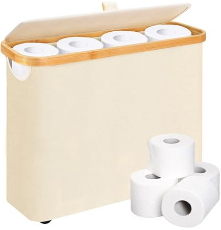 28L Toilettenpapier Aufbewahrung Korb mit Deckel, Bambus Toilet Paper Organizer, Ersatzrollenhalter Klopapier Aufbewahrung für 9-12 Rollen, klopapier behälter,Stehend korb badezimmer aufbewahrung Weiß