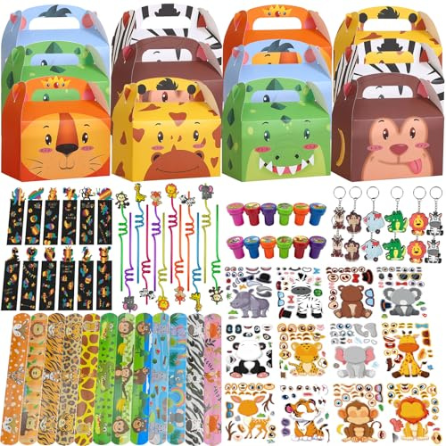 NlsqEU Set pensierini feste giungla, animali, regalini, sacchetti, nastro, portachiavi, segnalibri, timbri giocattolo, adesivi fai-da-tese